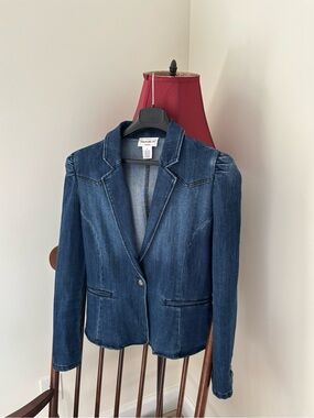 For The Republic Dark Blue Denim Blazer with Puff Shoulder
